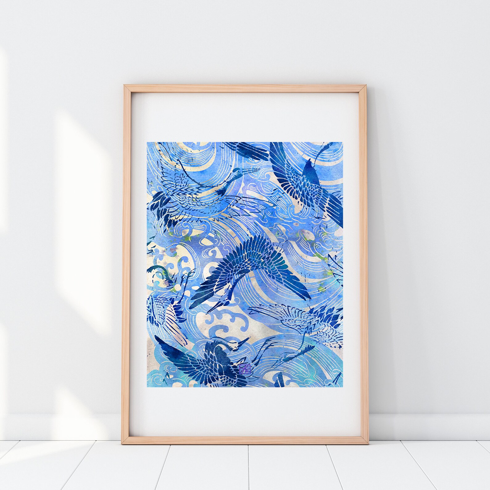Blue Chinoiserie Wall Art Print Blue Waves and Cranes Asian Etsy
