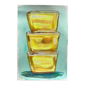 May include: Watercolor painting of three stacked, rectangular, yellow-toned glass containers. The containers are transparent, revealing the contents within. The background is a light teal color, and the containers sit on a teal-colored base.