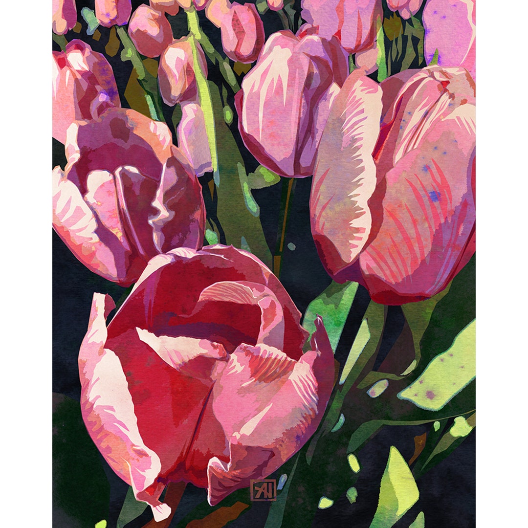 Tulip Flower Art Print #13 - Traditional Pink Tulips Watercolor Floral ...