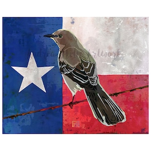 Mockingbird - State Bird of Texas | Texas Flag and Mockingbird Print | Texas Mockingbird on Barbed Wire Wall Art