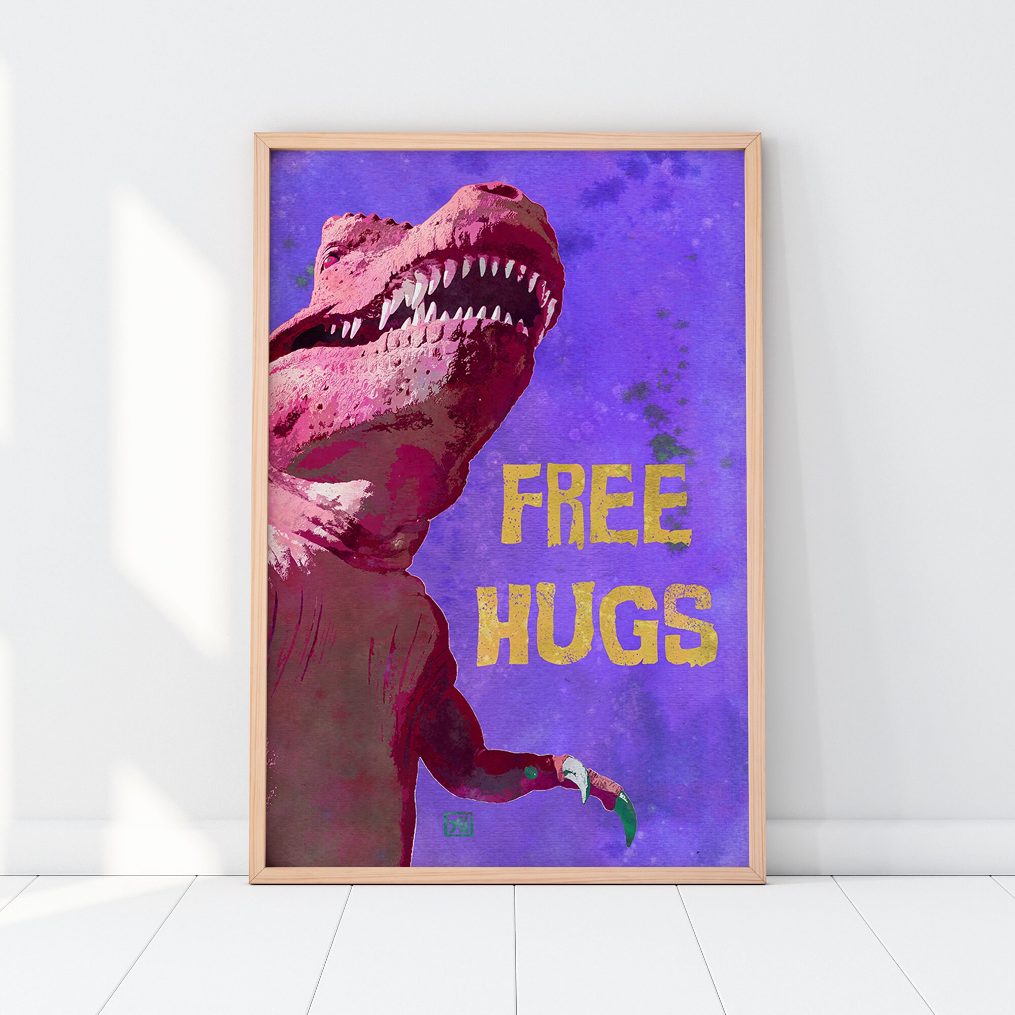 POP ART T-rex Free Hugs Wall Art Print Blue, Yellow Kids Room