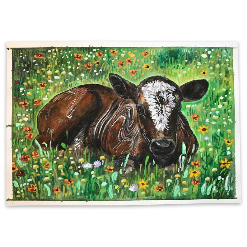 Brown Calf In The Flowers Baby Calf Watercolor Painting 7x10 Baby Farm Animals Wall Art image 1