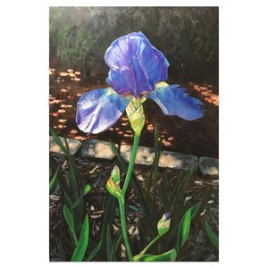 Single Purple Iris - Original Photorealistic Floral Painting on Wood Board | 16x24 Floral Statement Painting | Dramatic Floral Painting