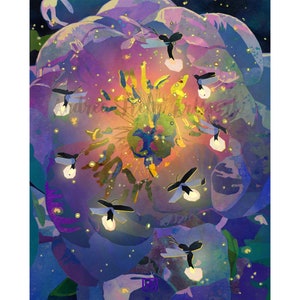 The Night Peony - Floral with Fireflies Art Print | Magical Summer Wall Art | Lightning Bugs & Flowers | A Floral Fairytale with Fireflies