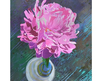 Pink Peony Flower In A Glass Jar - Watercolor Peony Art Print - Floral Wall Art