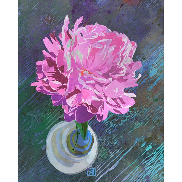 Pink Peony Flower In A Glass Jar - Watercolor Peony Art Print - Floral Wall Art