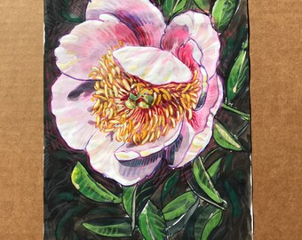 Soft Pink Peony Flower #13 - Watercolor Sketch on Notebook Paper (May 9, 2024) | Original Floral Watercolor Painting - Pale Pink Green