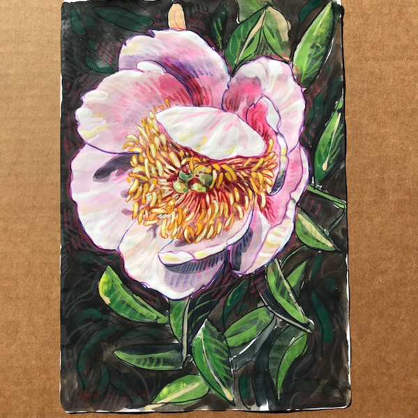 Soft Pink Peony Flower #13 - Watercolor Sketch on Notebook Paper (May 9, 2024) | Original Floral Watercolor Painting - Pale Pink Green