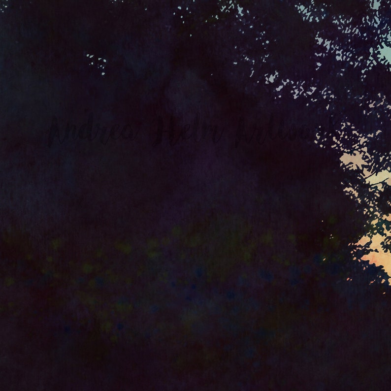 May include: A watercolor painting of a dark forest scene with a silhouette of trees in the foreground and a hint of orange sky in the background. The text "Andreas Heller" is written in the upper left corner of the image.