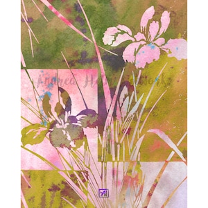Japanese Stencil Art Print | Vintage Japanese Stylized Iris Flower Art Print - Pink Gold  | Wabi Sabi Minimalist Wall Art | Japandi  Print