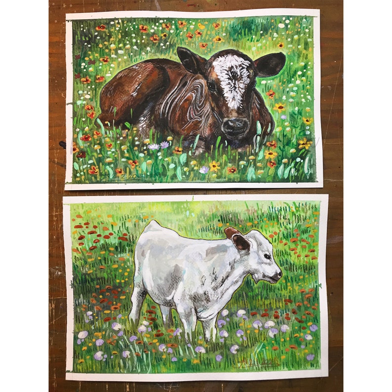 Brown Calf In The Flowers Baby Calf Watercolor Painting 7x10 Baby Farm Animals Wall Art image 10