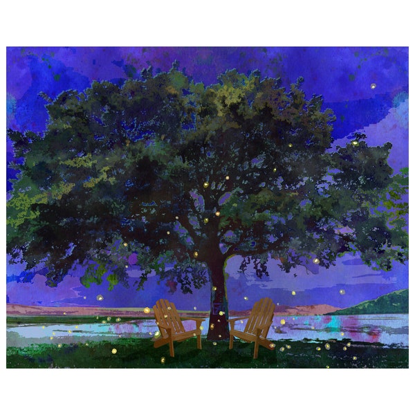 Twilight Fireflies Under The Oak Tree - Two Adirondack Chairs under the Old Oak Tree | Rustic Country Evening Landscape | Fireflies at Night