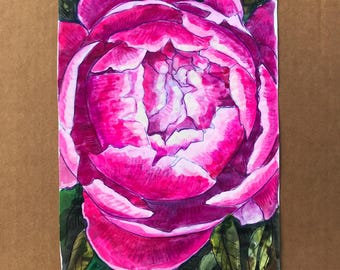 Pink Peony Watercolor Painting: Floral Sketchbook Art, Original Signed