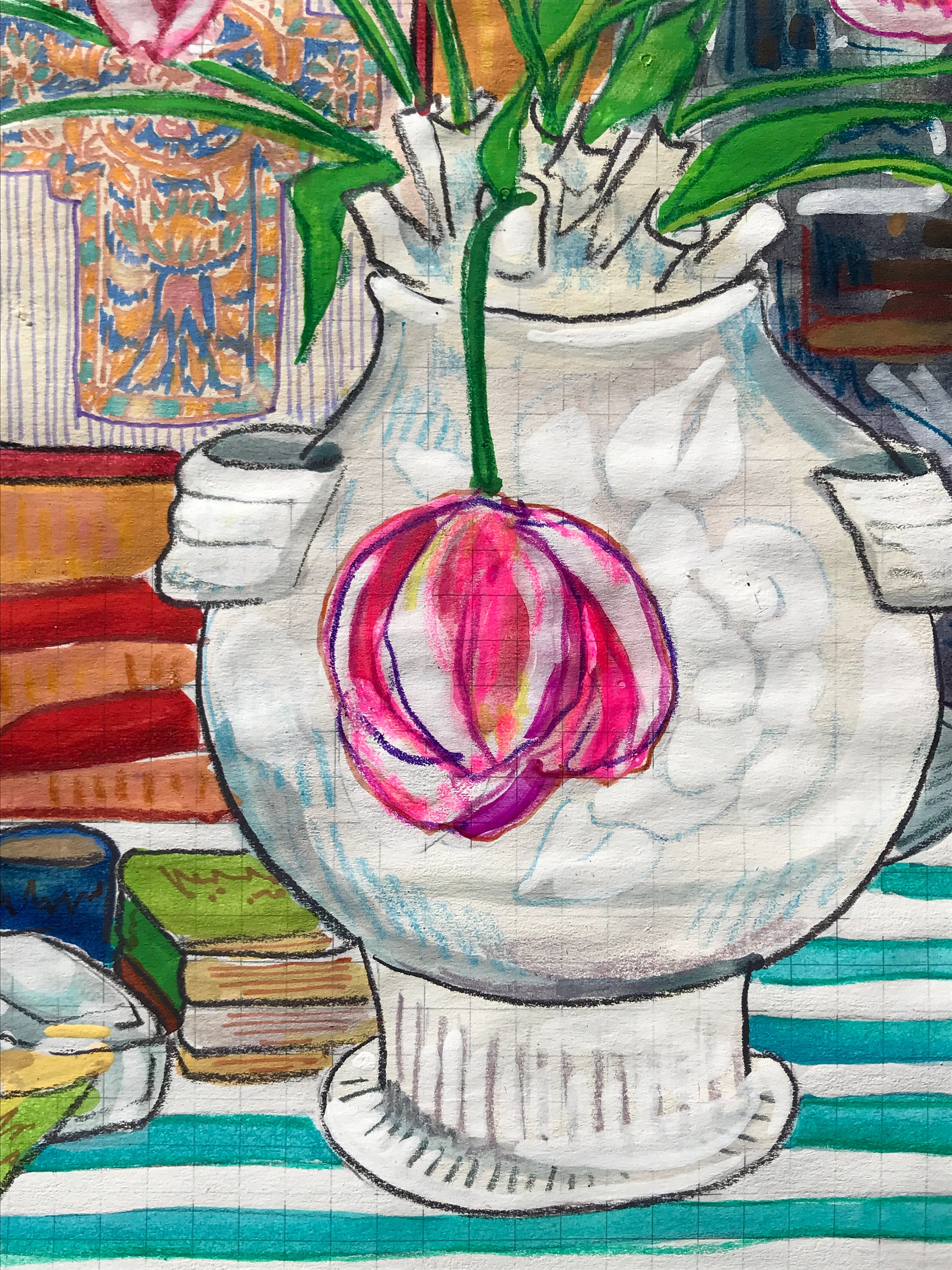 Original Room Interior Watercolor Painting | Striped Tablecloth With ...