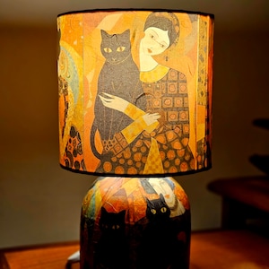 Klimt Style Lady with Black Cat Decoupage Table Lamp