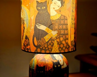 Klimt Lady with Black Cat Decoupage Table Lamp Design Home Decor Bedside Night Light Gift