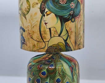 Geisha & Peacock | Lady Decoupage Table Lamp | Design Home Decor | Bedside Night Light | Oriental Gift