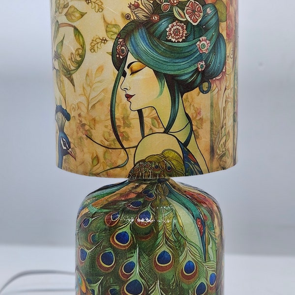 Geisha & Peacock | Lady Decoupage Table Lamp | Design Home Decor | Bedside Night Light | Oriental Gift