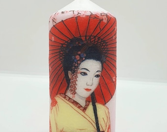 Vela de pilar de geisha decoupage: decoración japonesa hecha a mano