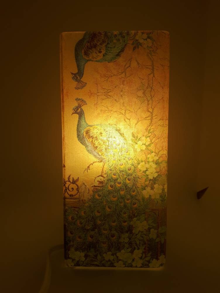 Decorated Decoupaged Frosted Glass Noble Peacock Table Lamp Etsy