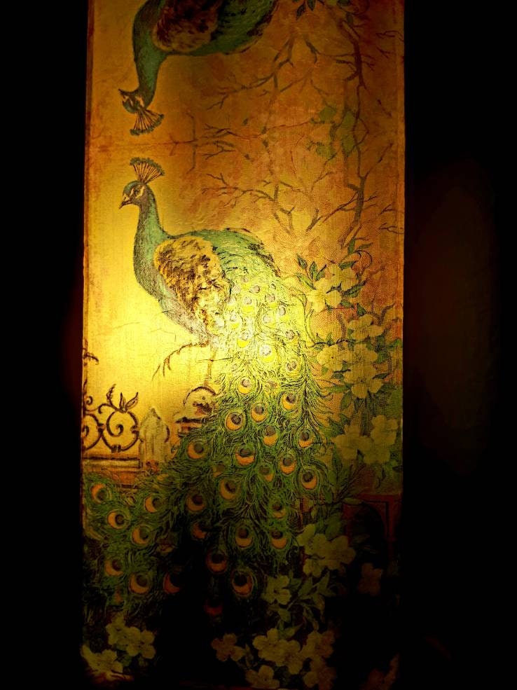 Decorated Decoupaged Frosted Glass Noble Peacock Table Lamp Etsy