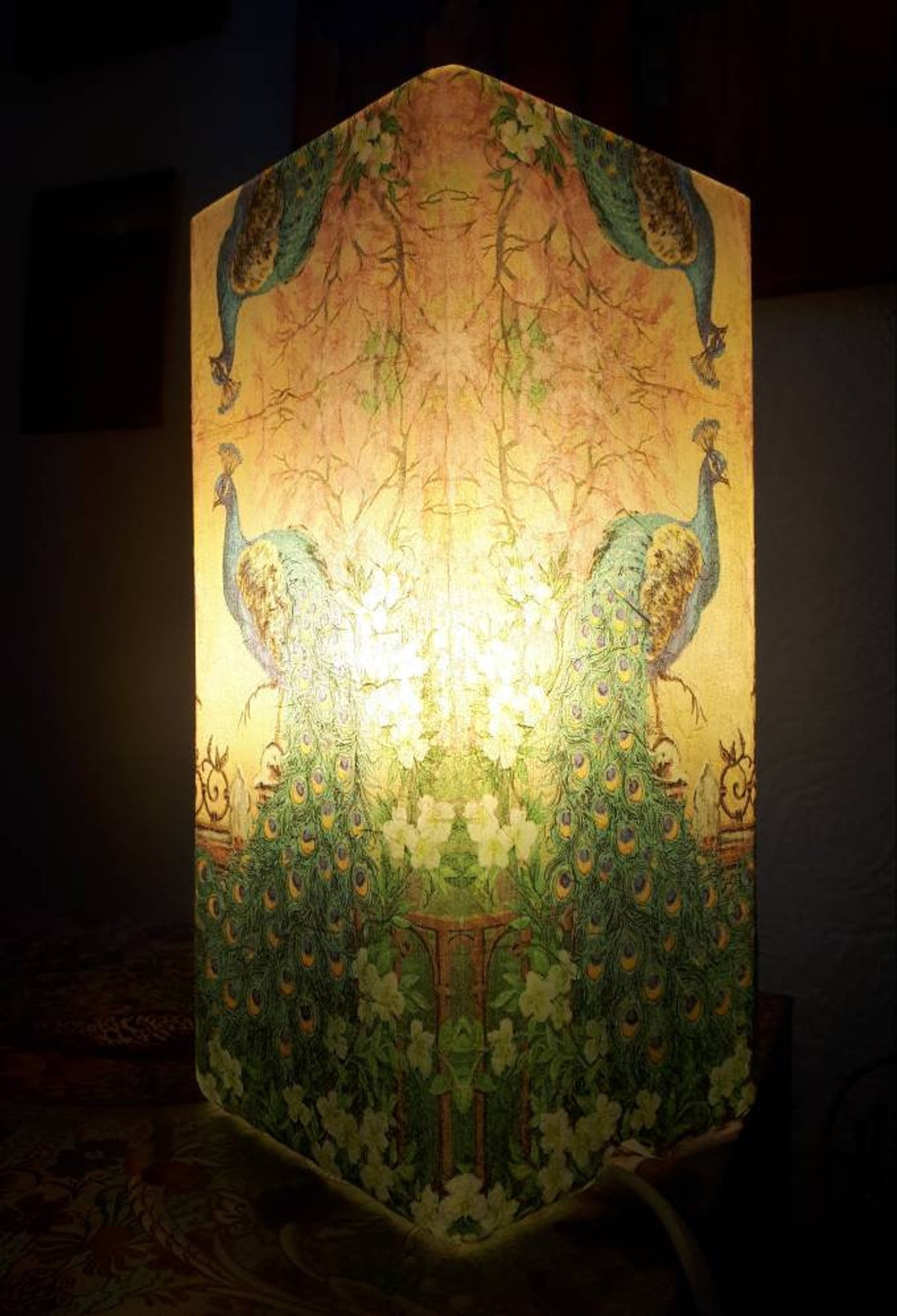 Decorated Decoupaged Frosted Glass Noble Peacock Table Lamp Etsy
