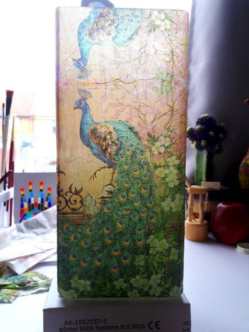 Decorated Decoupaged Frosted Glass Noble Peacock Table Lamp Etsy