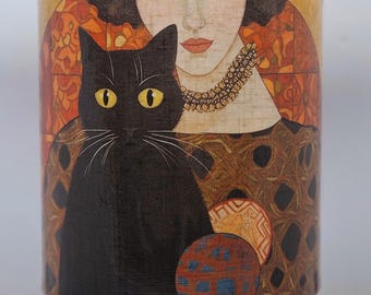 Lámpara de mesa USB con diseño de Klimt y gato negro decoupage, decoración del hogar, luz de noche, regalo