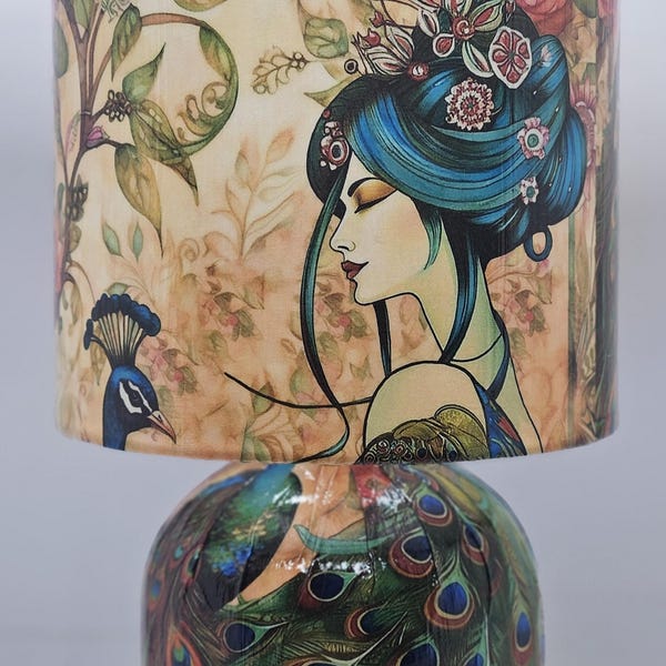 Geisha & Peacock Table Lamp | Decoupag Home Decor | Bedside Night Light | Oriental Gift
