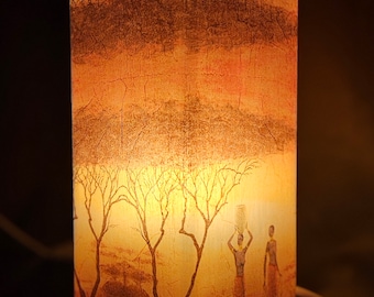 Lámpara de mesa africana con puesta de sol: vidrio esmerilado decoupage, decoración del hogar hecha a mano