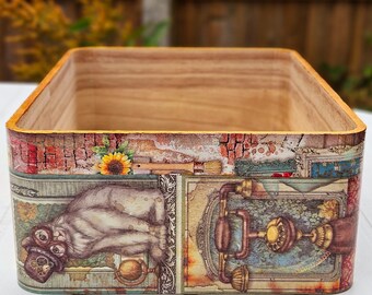 Caja de madera con diseño de gato Steampunk y decoupage: organizador de escritorio para colección de arte