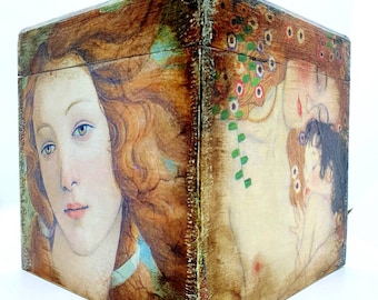 Decoupaged Klimt & Botticelli Wooden Storage Box With Lid Trunk Decorated Gift 17x17x17cm