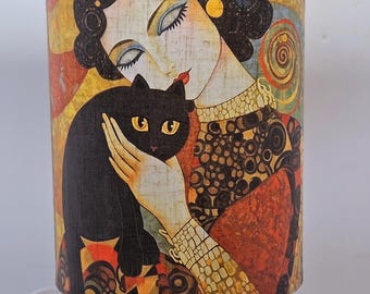 Lámpara de mesa con diseño de gato negro de Klimt y decoupage: luz nocturna USB Art Déco