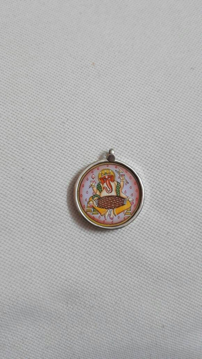 Handmade Ganesha Pendant 92.5 Sterling Silver Pendant Hand Painted Miniature Painting Hindu God of Sucsess Ganesha Glass framed Pendant
