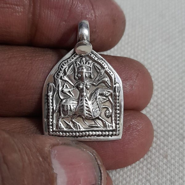 Handmade Sterling Silver Maa Durga Pendant: Tribal Goddess Charm