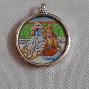 Handmade Pendant 92.5 Sterling Silver Pendant Hand Painted Miniature Painting Pendant Hindu Goddess Radha & God Krishna Glass Framed Pendant