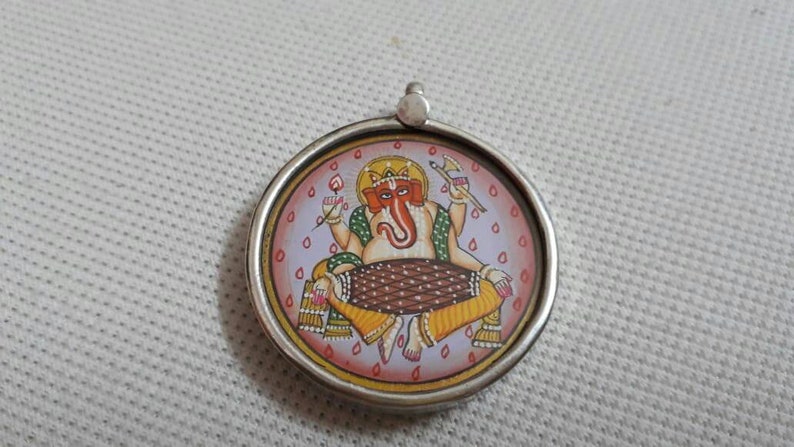 Handmade Ganesha Pendant 92.5 Sterling Silver Pendant Hand Painted Miniature Painting Hindu God of Sucsess Ganesha Glass framed Pendant