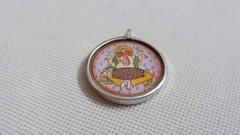 Handmade Ganesha Pendant 92.5 Sterling Silver Pendant Hand Painted Miniature Painting Hindu God of Sucsess Ganesha Glass framed Pendant