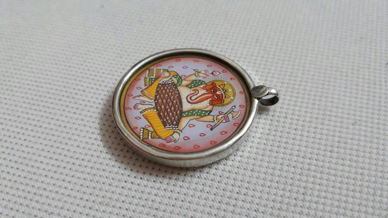 Handmade Ganesha Pendant 92.5 Sterling Silver Pendant Hand Painted Miniature Painting Hindu God of Sucsess Ganesha Glass framed Pendant