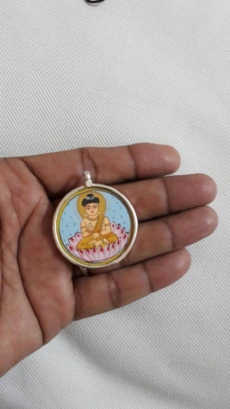 Handmade Pendant 92.5 Sterling Silver Pendant Hand Painted Miniature Painting Pendant Hindu Ideal God Budha Glass Framed Artisan Pendant