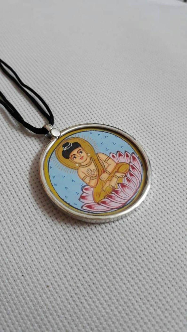 Handmade Pendant 92.5 Sterling Silver Pendant Hand Painted Miniature Painting Pendant Hindu Ideal God Budha Glass Framed Artisan Pendant