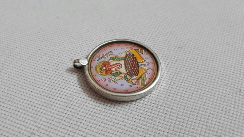 Handmade Ganesha Pendant 92.5 Sterling Silver Pendant Hand Painted Miniature Painting Hindu God of Sucsess Ganesha Glass framed Pendant