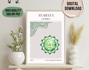 May include: A framed digital download art print featuring the Anahata Chakra symbol in shades of green. The print includes the words "Anahata Chakra", "Heart", "Love | Compassion | Balance", and the text "HIGH QUALITY 300 DPI PDF".