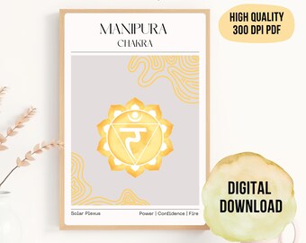 May include: A framed print featuring the Manipura Chakra symbol, a yellow lotus flower with a central design, set against a light gray background. The text "MANIPURA CHAKRA" is at the top. Additional text includes "Solar Plexus" and "Power | Confidence | Fire".