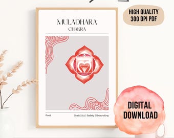 Muladhara Root Chakra Art, Chakra Wall Hanging, Yoga Studio Wall Art, Spiritual Poster, Yoga Instructor Gift, 7 Chakra Set, Yoga Print