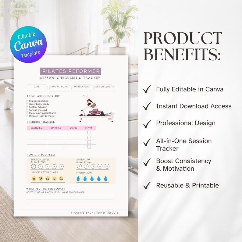 Pilates Reformer Workout Tracker Editable Canva Template | Pilates ...