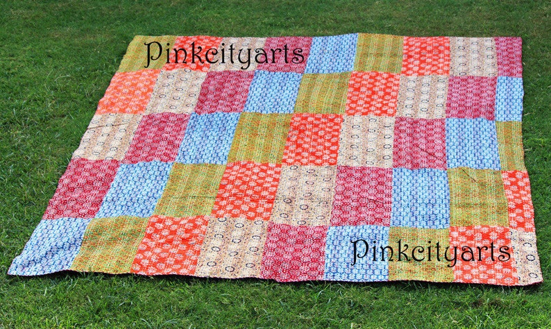 Kantha Handmade Indian Cotton Quilt Bedspread Bedding Cover Blanket Twin Gudari