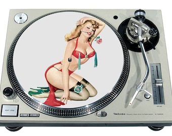 Slipmat Slip Mat Scratch Pad Felt for any 12" or 7" LP DJ Vinyl Turntable Record Player Custom Graphical *Pin Up Red Kneeling Rose