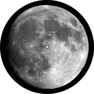 May include: A black and white photograph of the moon, showing its surface with craters and other features.