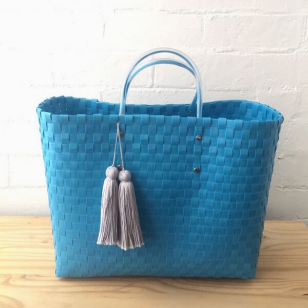 Medium Blue Basket Bag with Tassel: Handbag // Beach Bag // Shopping Bag // Basket // Top Handle Bag